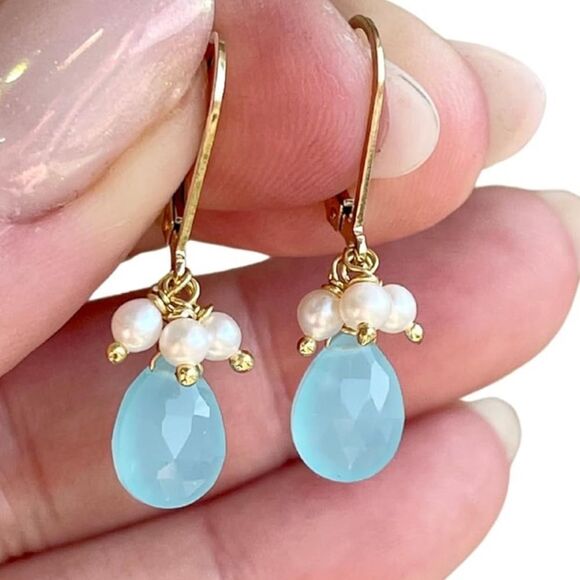 NEW 14k Aqua Blue and Freshwater Pearl Earrings - Picture 2 of 7